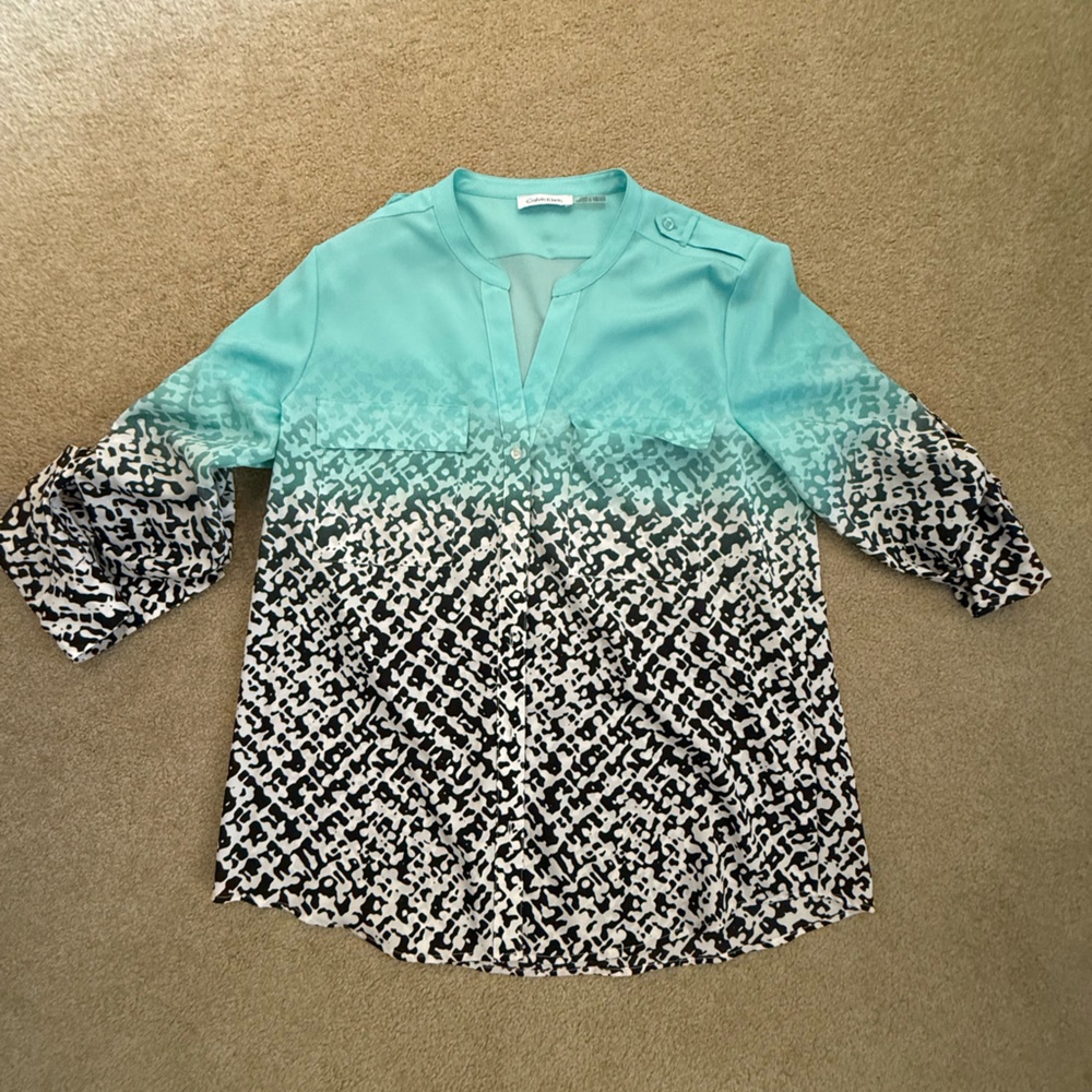 Calvin Klein Aqua and Black Abstract Blouse